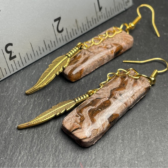 Elegant Hand Crafted Gold and Brown Feather Dangle Earrings - Picture 8 of 14